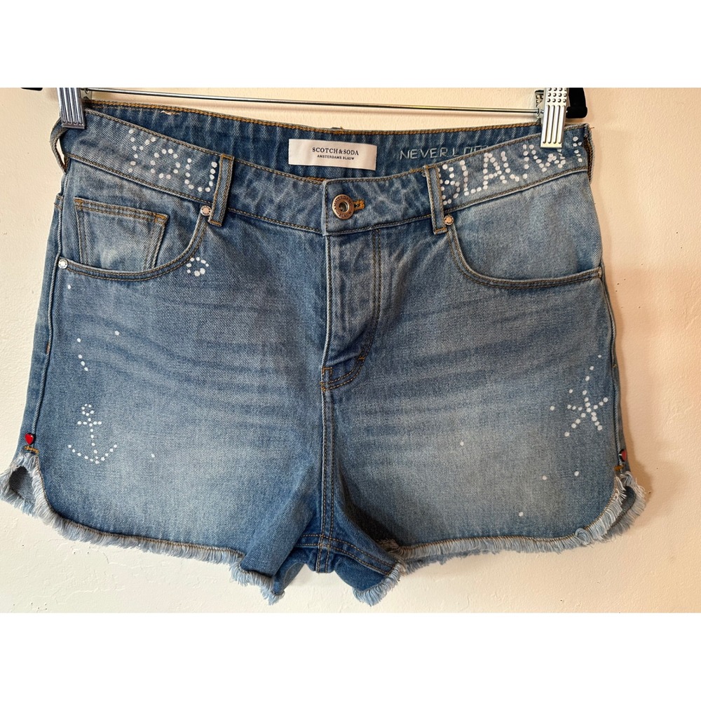 Scotch & Soda Amsterdams Blauw Studded Anchor Star Denim Shorts Light Wash Blue